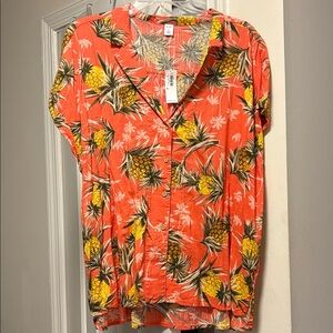 NWT Old Navy Orange Pineapple Print Button-Down Tiki Tropical Hawaiian Shirt XL